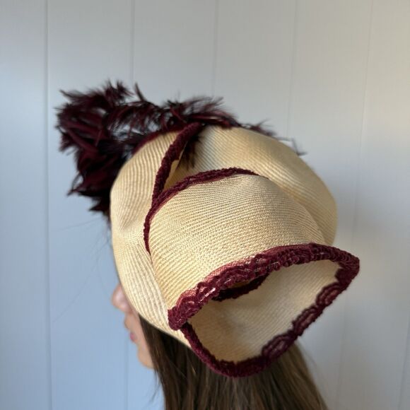 VTG 50s 60s Derby Hat Handmade Straw Feathers Crochet Whimsigoth Boho Cottage - Picture 3 of 13